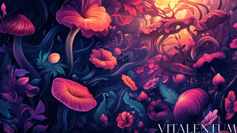 Glowing mushrooms and flowers form dense fantasy forest scene