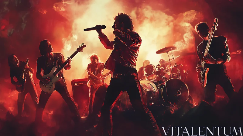 Digital painting of rock band onstage in fiery backlit silhouette.