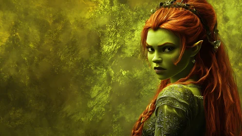 Forest elf sorceress gazes back against vivid moss glow.