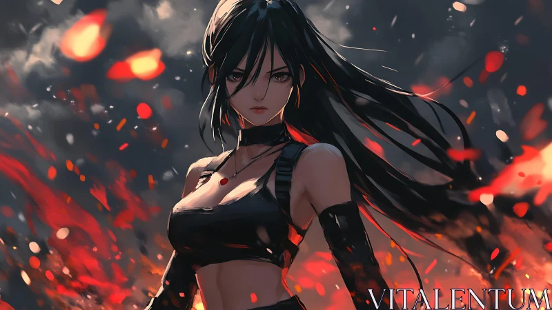 Dark-haired anime warrior stands amid blazing embers.