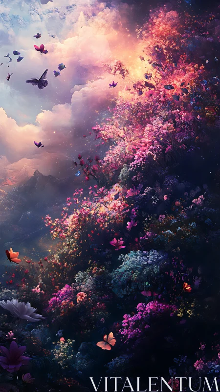 Luminescent floral ridge under iridescent clouds and butterflies