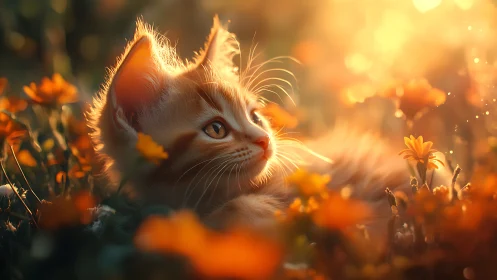 Kitten Among Golden Blooms in Sunset Radiance
