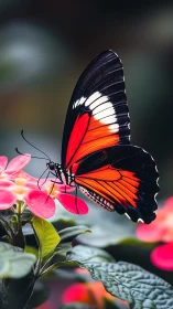 Vibrant red butterfly rests softly on bright garden bloom