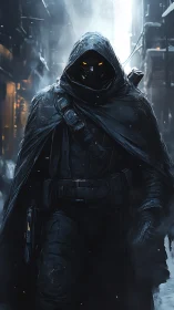 Storm-lit vigilante strides through a frozen neon alley