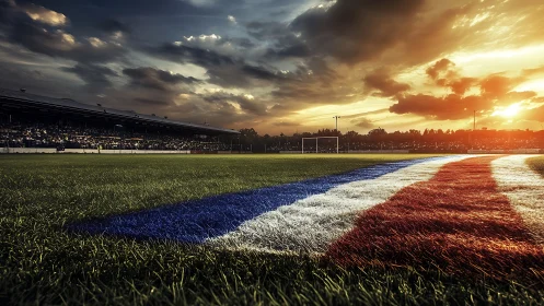 Low-angle stadium field at sunset with tricolor turf striping.