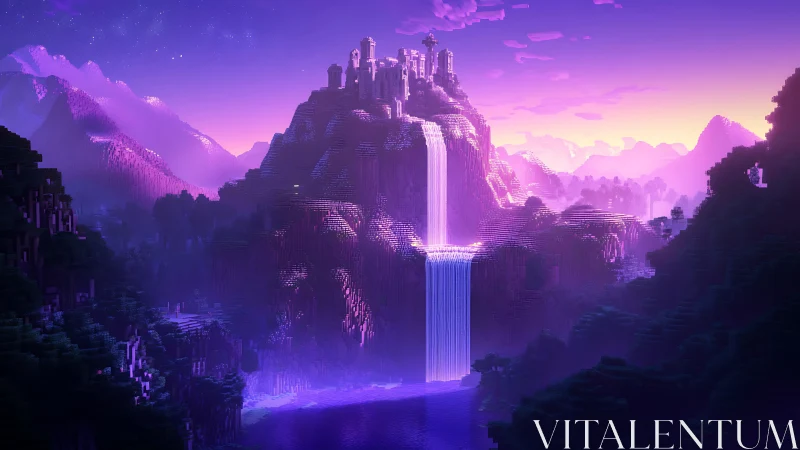 Glowing pixel waterfall flows beneath a serene violet sky