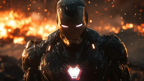 Armored humanoid figure stands before intense fiery background