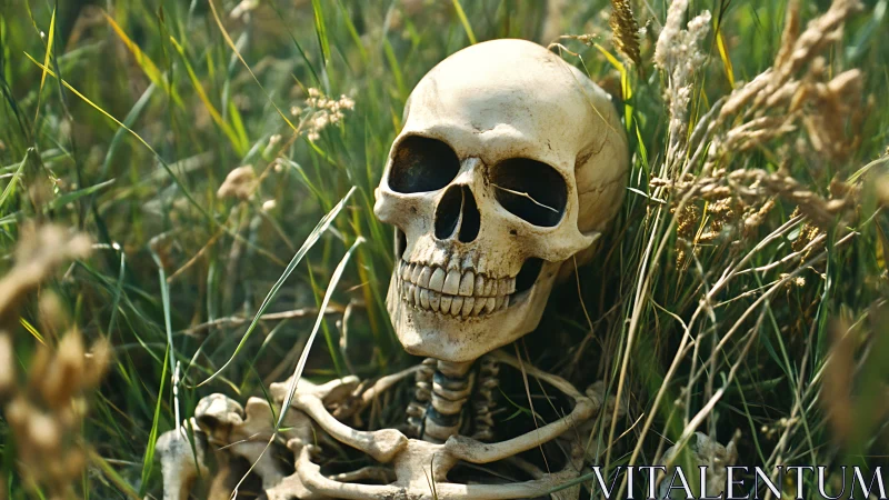 Human skull and upper skeleton partially exposed in tall grass