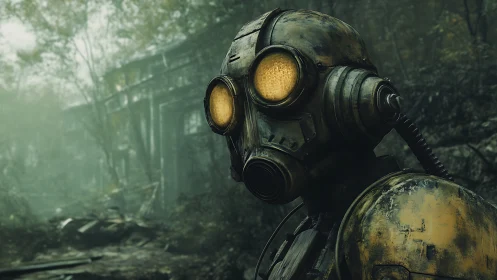 Rusted gas mask android patrols misty wasteland forest