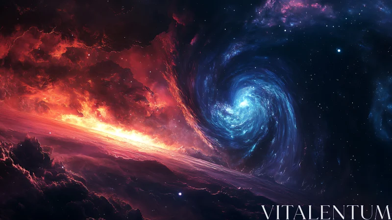 Celestial firestorm meets sapphire vortex in deep cosmos.