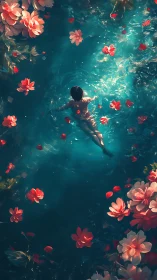 Soft morning swim drifts through petals on glowing water