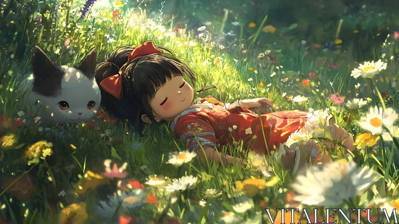 Sleeping girl and cat amid sunlit wildflower meadow.