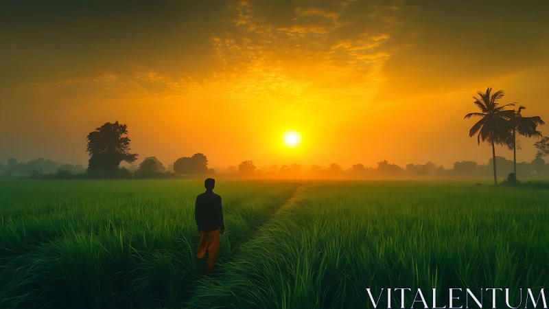 Sunrise over misty rice field with solitary walking figure.