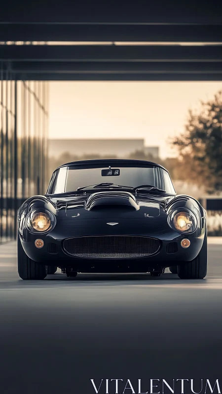 Low-angle frontal view of classic black grand tourer under canopy