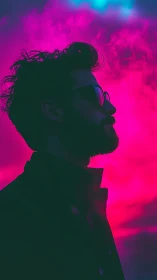 Silhouette portrait under neon magenta twilight sky.