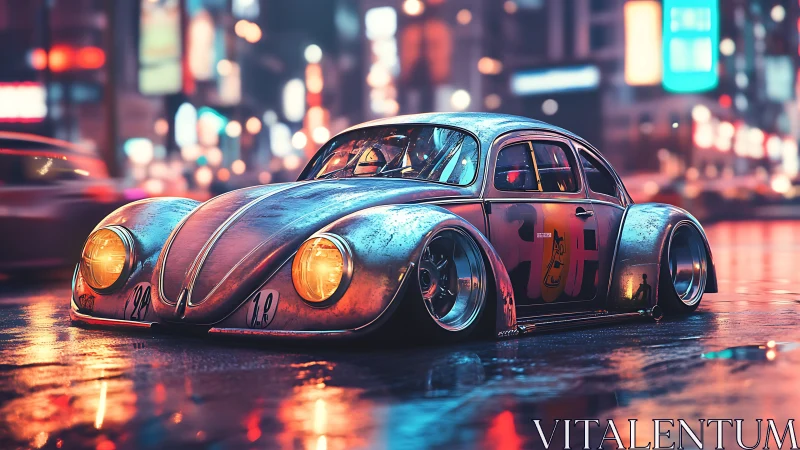 Retro race beetle glows on neon-soaked city streets.