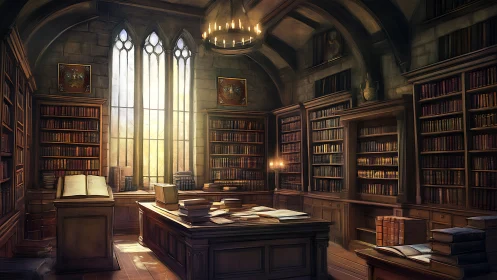 Golden light fills a grand medieval library of worn tomes