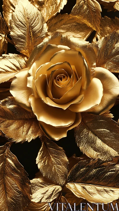 Golden metallic rose blooms amid sculpted reflective leaves