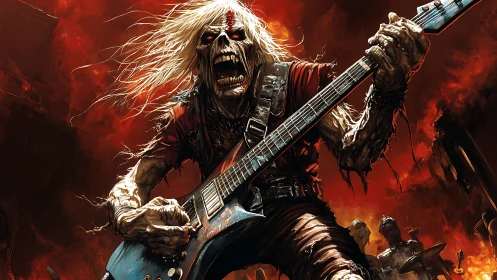 Fierce undead guitarist unleashing a wild metal storm.