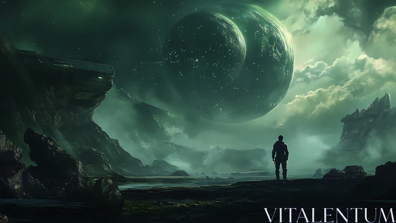 Stargazer standing beneath twin emerald planets in wonder.