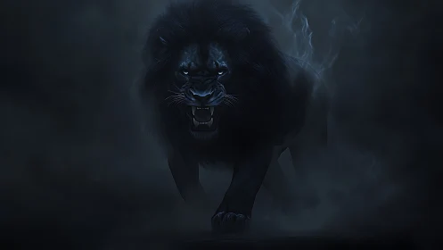 Black lion emerging from dark mist in low key lighting.