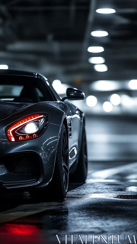 Sports car rear profile parked in wet underground garage
