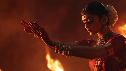 Classical Indian dancer moves in firelit devotional grace
