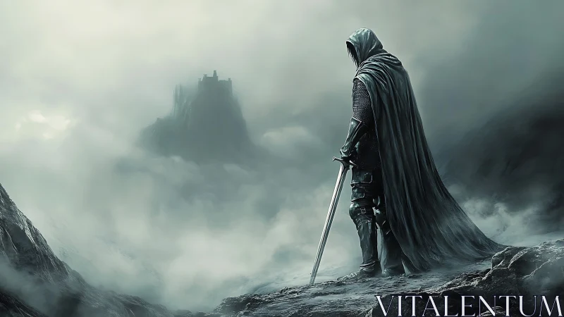 Lone cloaked knight pauses at a misty mountain stronghold.
