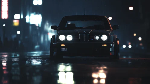 Midnight BMW prowl under neon rain and glimmering asphalt.