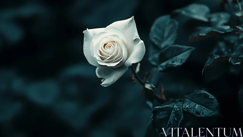 Gentle white rose glows softly against deep teal leaves