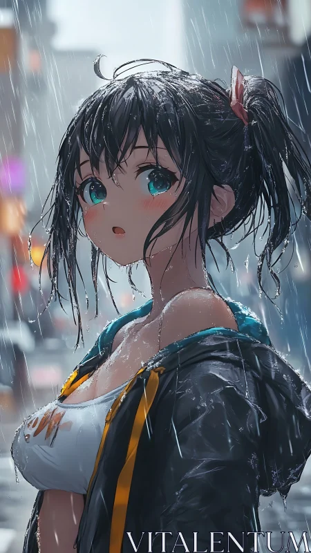 Rain-soaked anime girl pauses in a neon-lit city street.