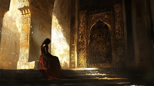 Solitary robed figure before ornate sunlit temple gate.
