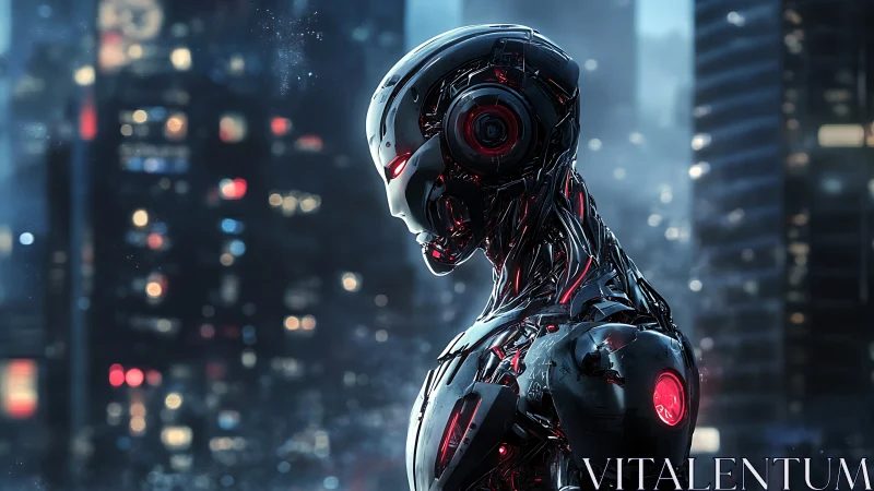 Chrome sentinel pauses, listening to a neon city breathe