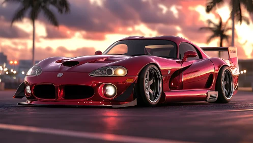 Low-slung red supercar glows against a tropical sunset boulevard