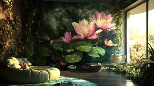 Living room with large lotus mural and indoor greenery wall.