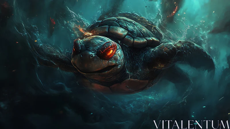 Armored sea turtle with glowing eyes in dark ocean depth.