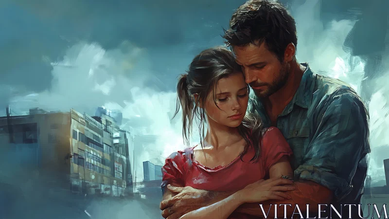Intimate Urban Moment: Couple in Dystopian Cityscape