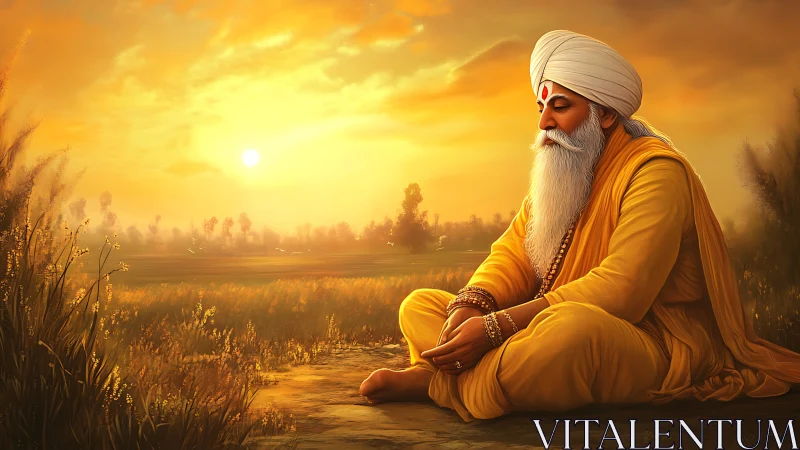 Meditative elder in saffron robes under radiant sunset sky.