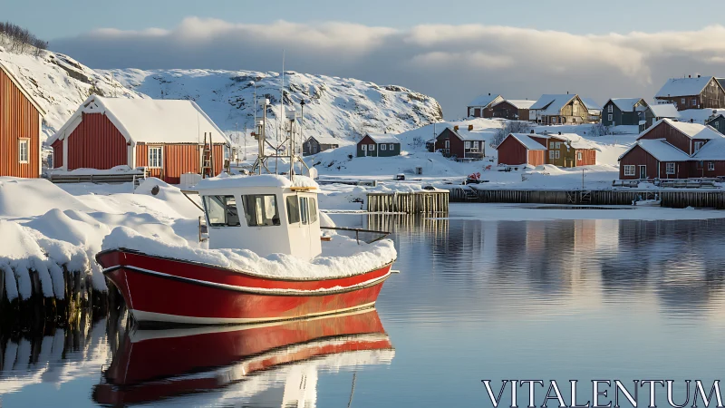 Red fishing boat in snow-covered Nordic harbor at dawn light