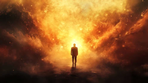 Silhouette person walks toward intense glowing light portal