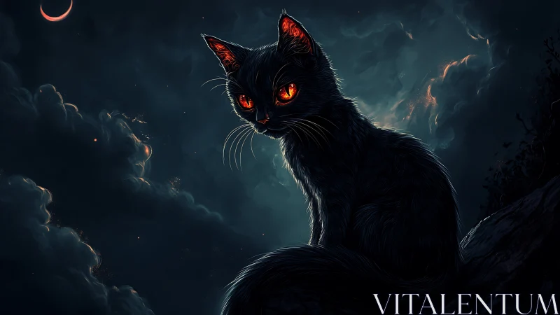 Mysterious moonlit black cat with glowing ember-bright eyes.