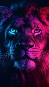 Bicolor neon lion portrait with split blue and magenta lighting.