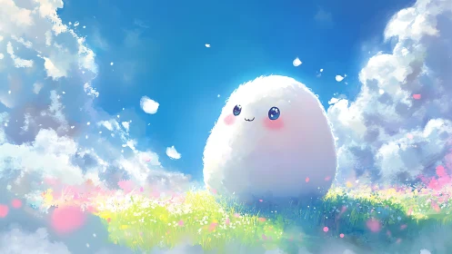 Fluffy pastel creature in radiant cloudlit meadowscape.