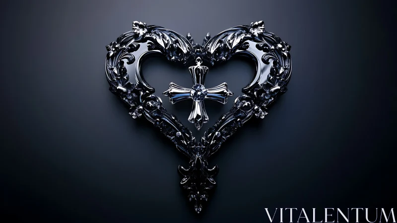 Dark metallic ornate heart with central cross emblem.