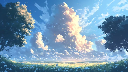 Vast cloud tower over open meadow between two trees.