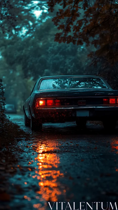 Rainy twilight drive with glowing vintage car taillights.