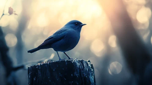 Small Songbird on Tree Stump in Dreamy Forest Light, Soft Focus.