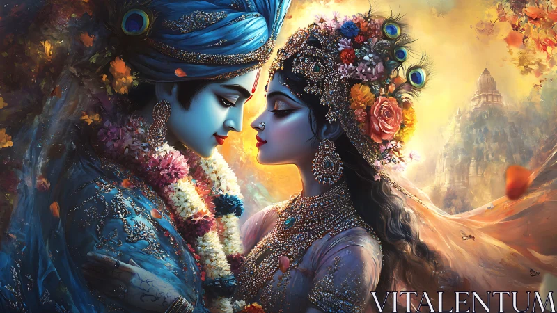 Divine lovers share a radiant, intimate moment at dusk