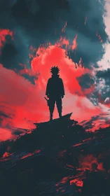 Silhouette warrior carves calm into a storm of red clouds