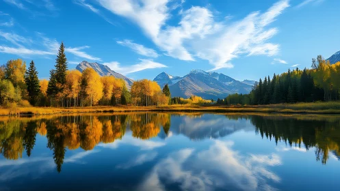 Autumn alpine lake reflection under vivid blue sky panorama.